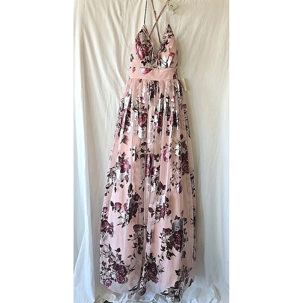 Pear Culture Pink Floral Foil Print Ball Formal Prom Long Gown NWT Size 3/4‎